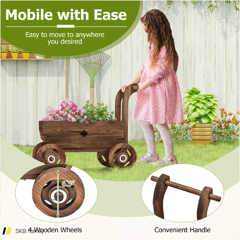 Decorative Wooden Wagon Cart With Handle Wheels And Drainage Hole 240515-230843