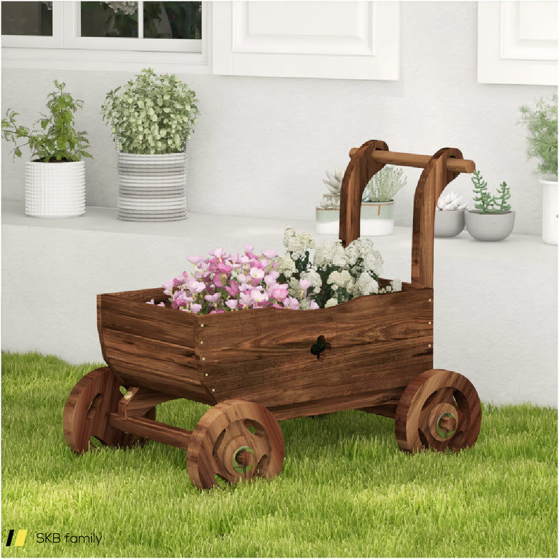 Decorative Wooden Wagon Cart With Handle Wheels And Drainage Hole 240515-230843