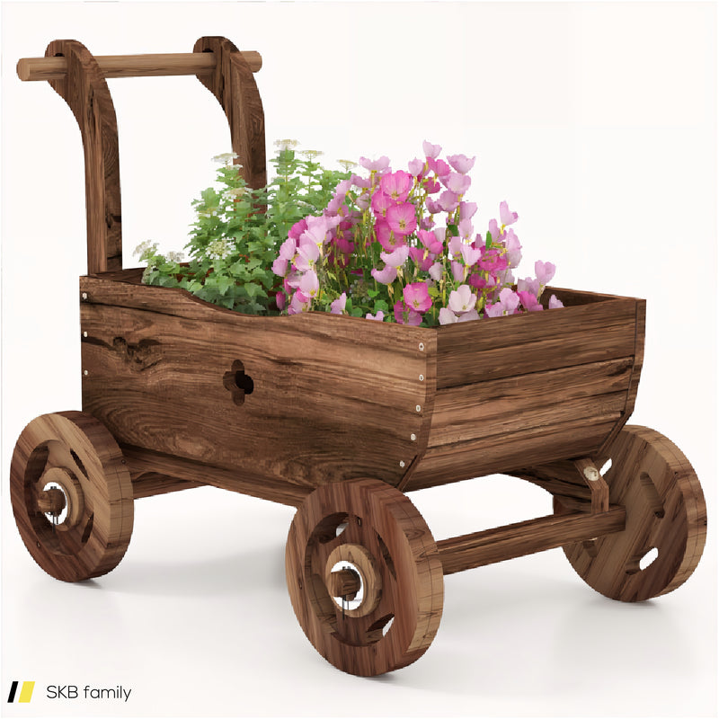 Decorative Wooden Wagon Cart With Handle Wheels And Drainage Hole 240515-230843