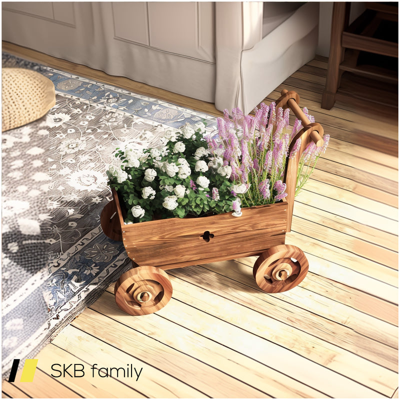 Decorative Wooden Wagon Cart With Handle Wheels And Drainage Hole 240515-230843