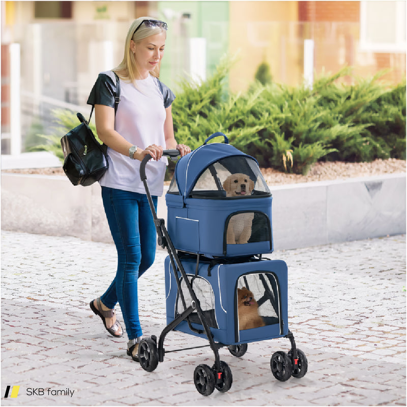 Double Pet Stroller Foldable 3-In-1 Dog Stroller With 2 Detachable Carriers 240515-230847