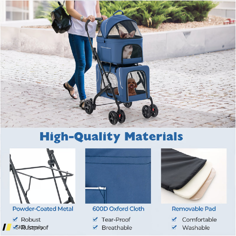 Double Pet Stroller Foldable 3-In-1 Dog Stroller With 2 Detachable Carriers 240515-230847