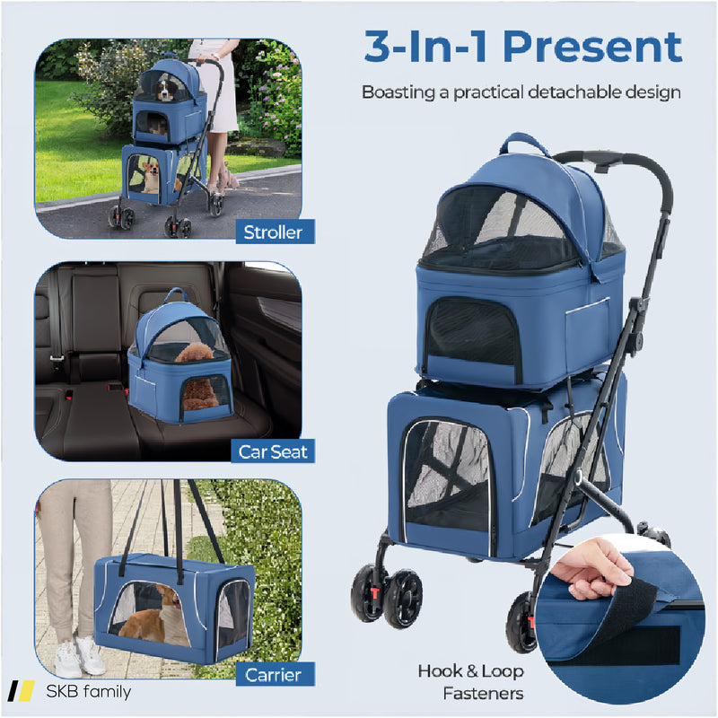 Double Pet Stroller Foldable 3-In-1 Dog Stroller With 2 Detachable Carriers 240515-230847