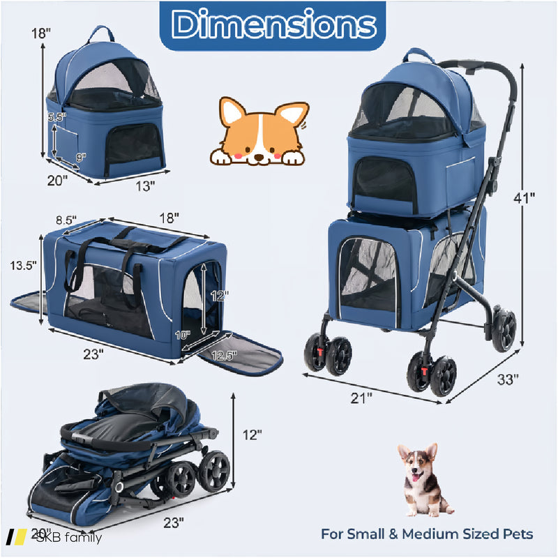 Double Pet Stroller Foldable 3-In-1 Dog Stroller With 2 Detachable Carriers 240515-230847