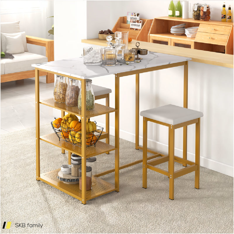 3 Pieces Gold Bar Table Set For 2 With 3-Tier Storage Shelves 240615-230853