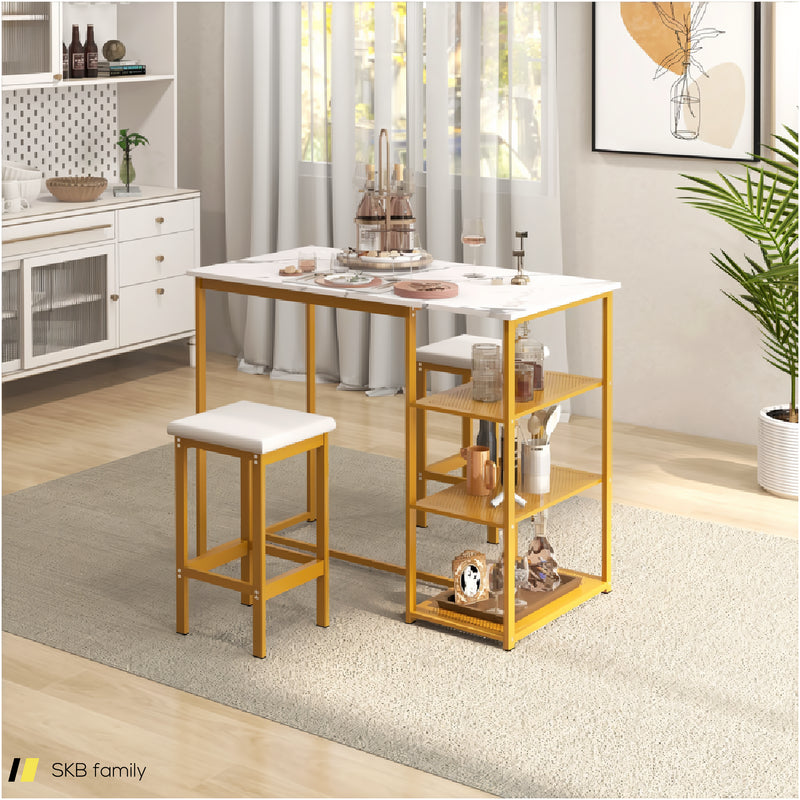 3 Pieces Gold Bar Table Set For 2 With 3-Tier Storage Shelves 240615-230853