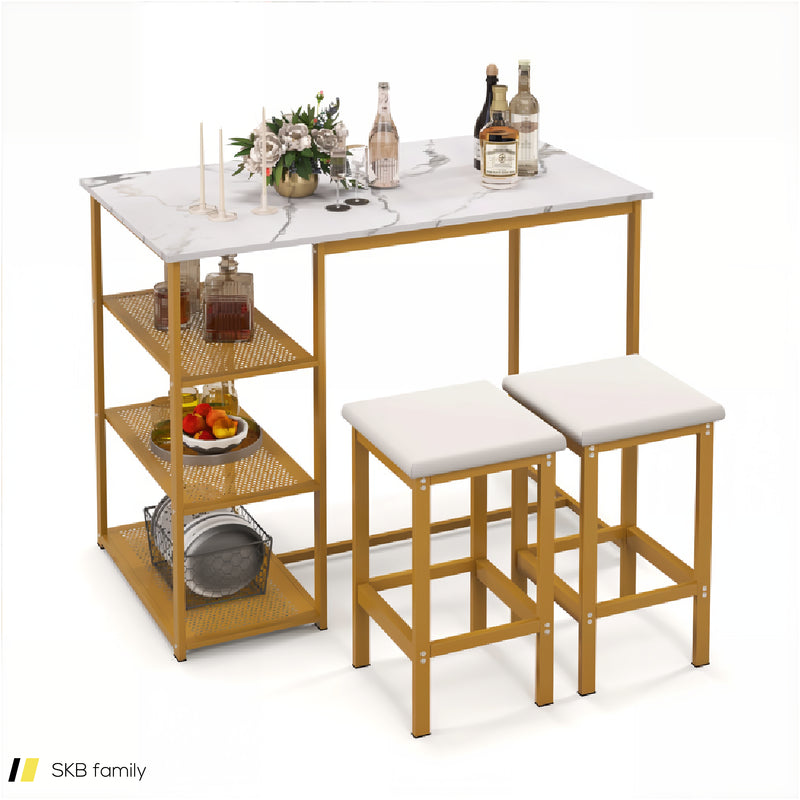 3 Pieces Gold Bar Table Set For 2 With 3-Tier Storage Shelves 240615-230853