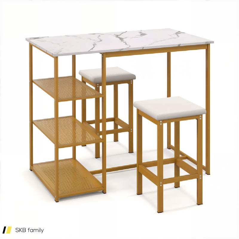 3 Pieces Gold Bar Table Set For 2 With 3-Tier Storage Shelves 240615-230853