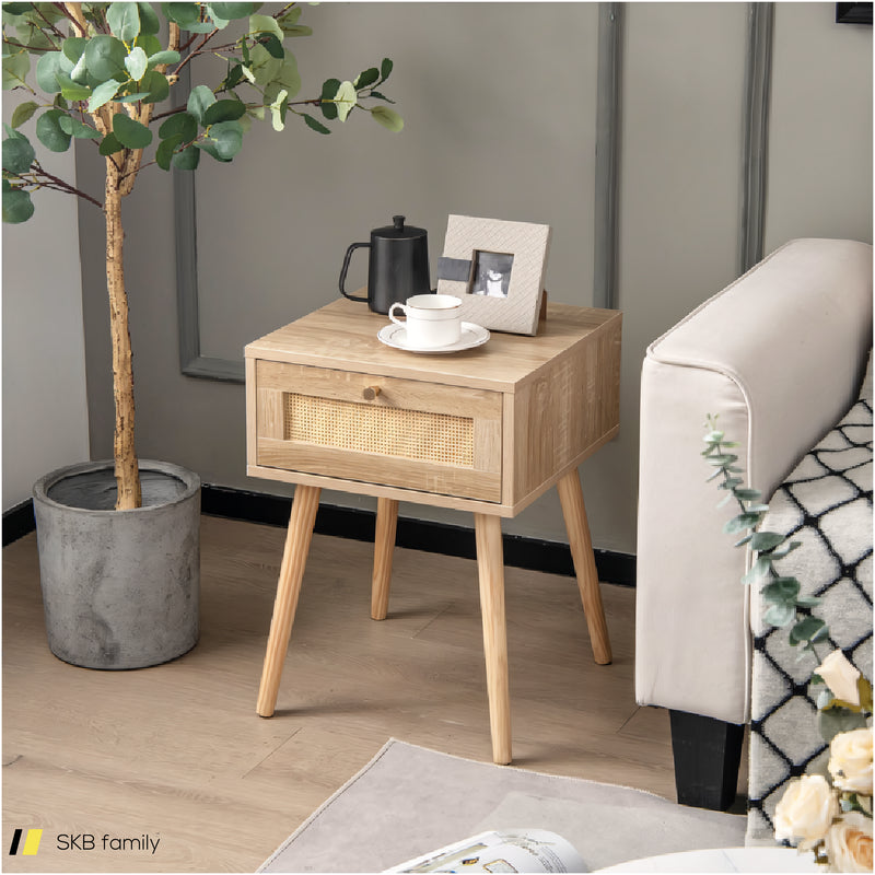 Modern Rattan Nightstand With Drawer And Solid Wood Legs For Bedroom And Living Room 240615-230854