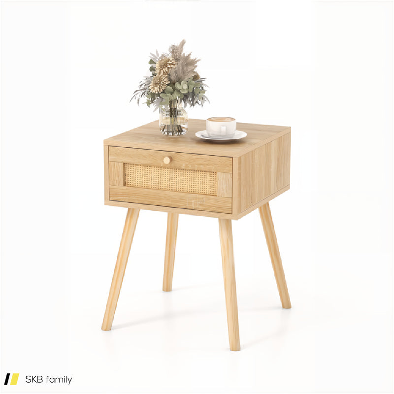 Modern Rattan Nightstand With Drawer And Solid Wood Legs For Bedroom And Living Room 240615-230854