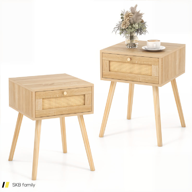 Modern Rattan Nightstand With Drawer And Solid Wood Legs For Bedroom And Living Room 240615-230854