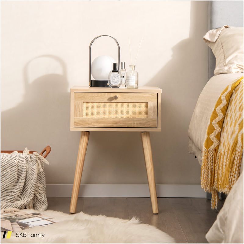 Modern Rattan Nightstand With Drawer And Solid Wood Legs For Bedroom And Living Room 240615-230854