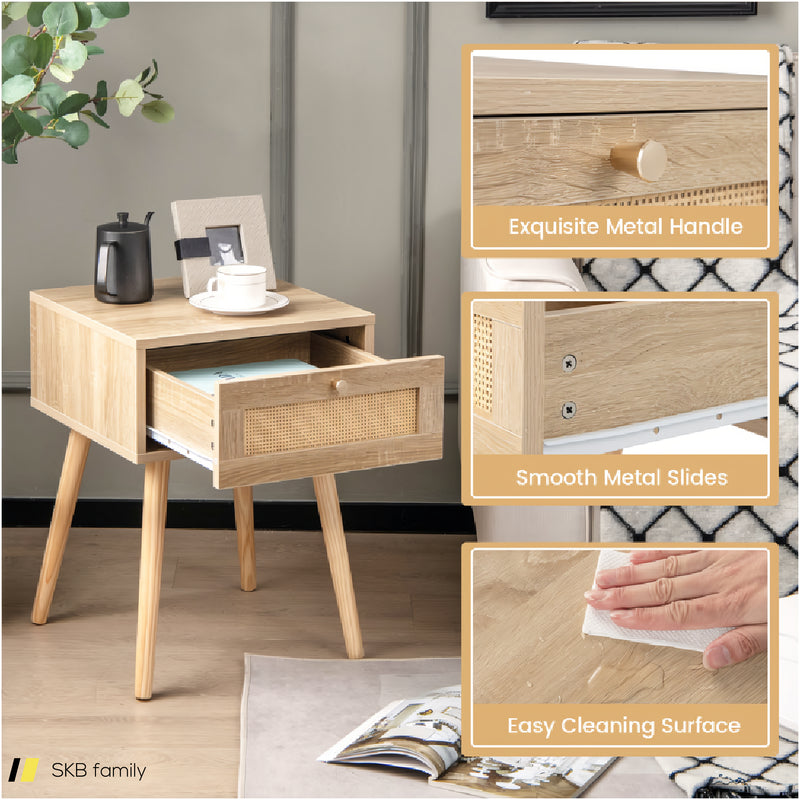 Modern Rattan Nightstand With Drawer And Solid Wood Legs For Bedroom And Living Room 240615-230854