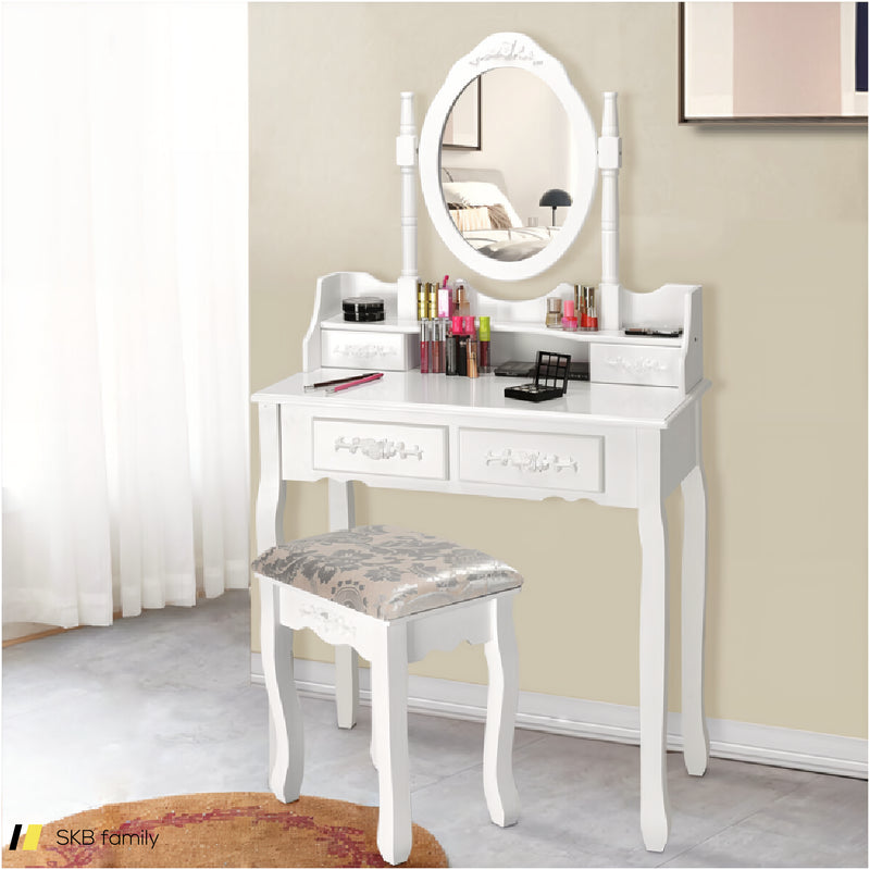 Vanity Table Set With Oval Mirror And 4 Drawers 240615-230856