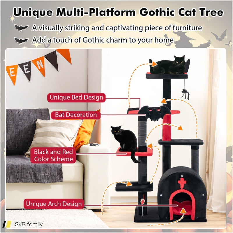 Gothic Cat Tree 53&Quot; Tall Cat Tower With Cat Bed And Arch-Shaped Condo 240615-230870