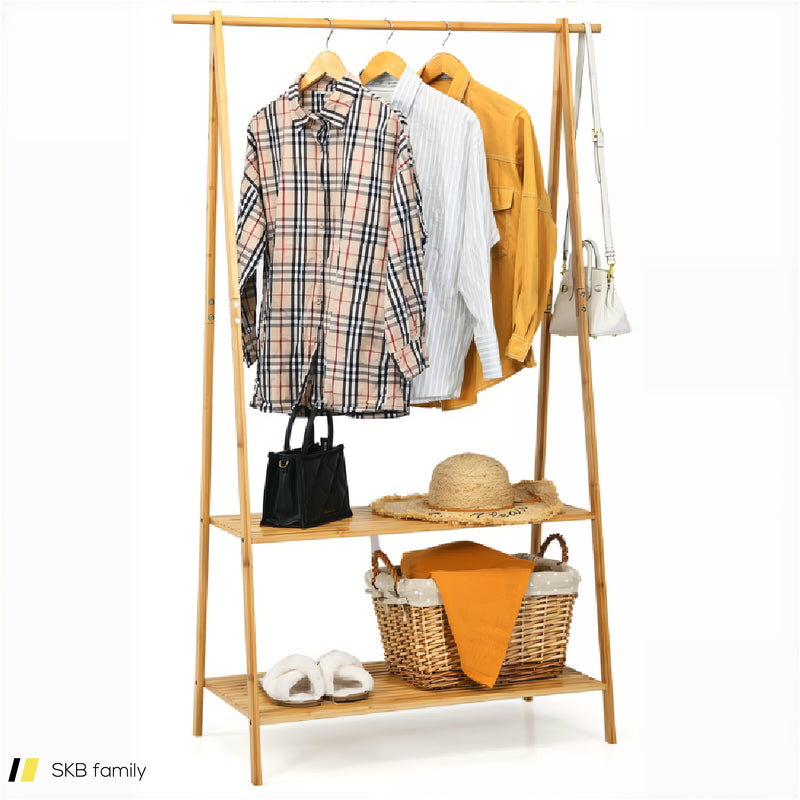 Bamboo Clothes Hanging Rack With 2-Tier Storage Shelf For Entryway Bedroom 240615-230872