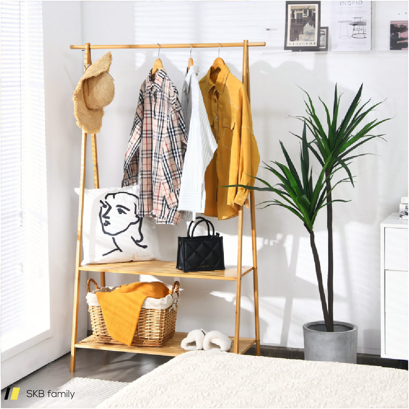 Bamboo Clothes Hanging Rack With 2-Tier Storage Shelf For Entryway Bedroom 240615-230872