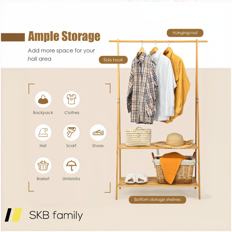 Bamboo Clothes Hanging Rack With 2-Tier Storage Shelf For Entryway Bedroom 240615-230872