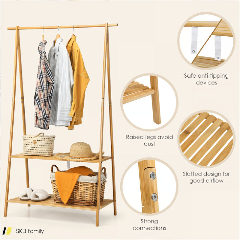 Bamboo Clothes Hanging Rack With 2-Tier Storage Shelf For Entryway Bedroom 240615-230872