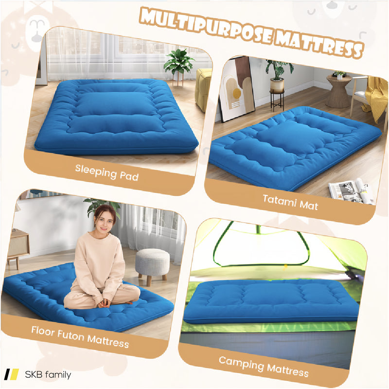 Foldable Futon Mattress With Washable Cover And Carry Bag For Camping Blue 240615-230880