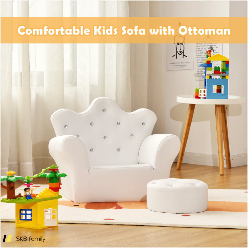 Children Upholstered Princess Sofa With Ottoman And Diamond Decoration For Boys And Girls 240615-230890