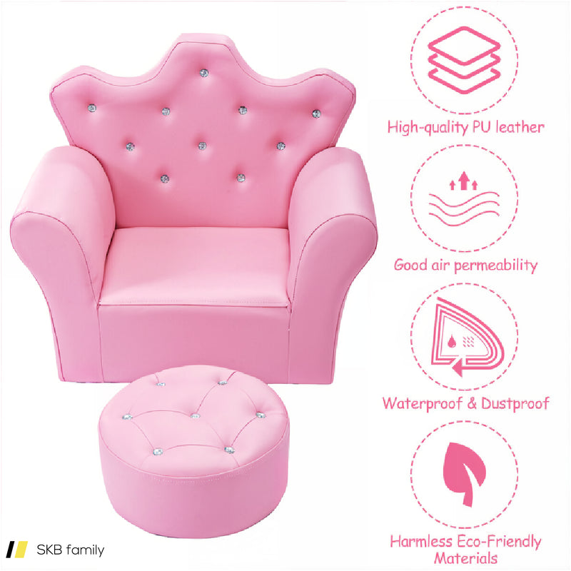 Children Upholstered Princess Sofa With Ottoman And Diamond Decoration For Boys And Girls 240615-230890