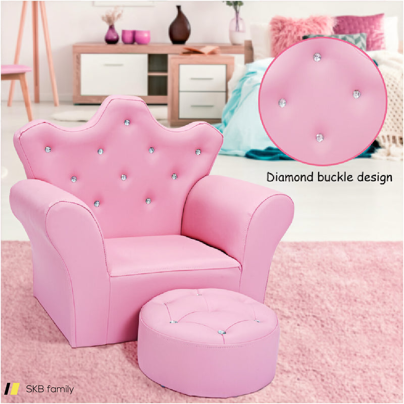 Children Upholstered Princess Sofa With Ottoman And Diamond Decoration For Boys And Girls 240615-230890