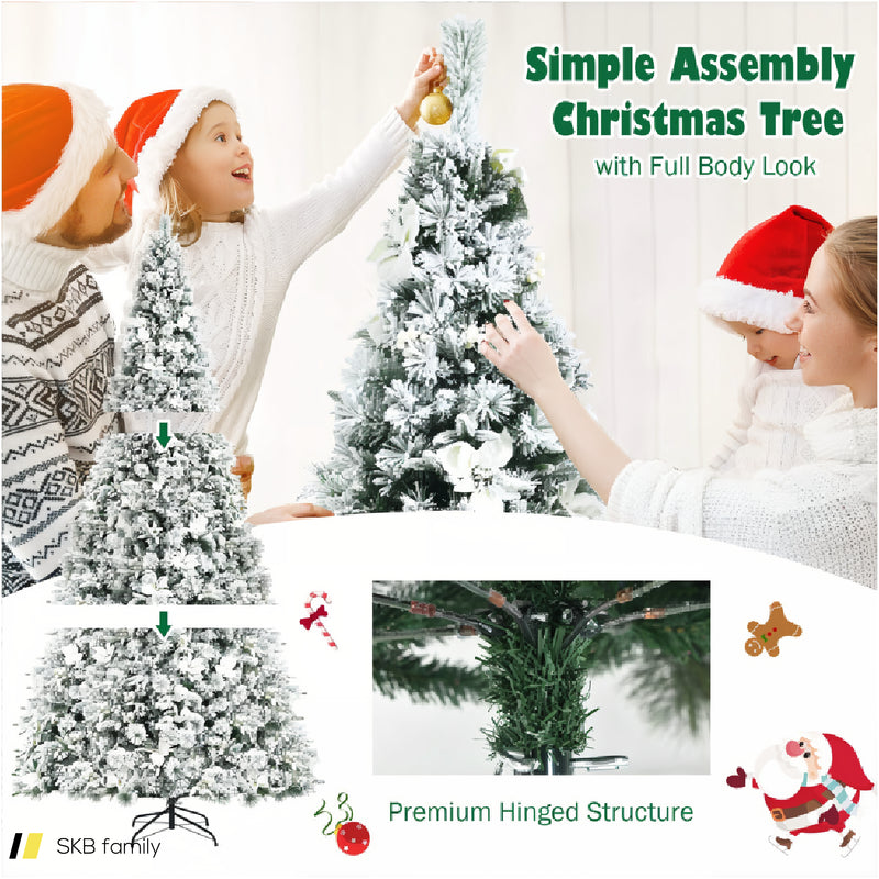 8 Feet Snow Flocked Hinged Christmas Tree With Berries And Poinsettia Flowers 240615-230893