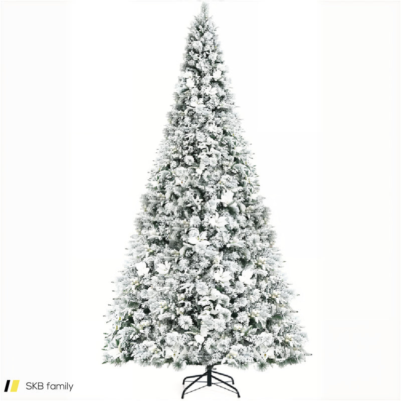 8 Feet Snow Flocked Hinged Christmas Tree With Berries And Poinsettia Flowers 240615-230893