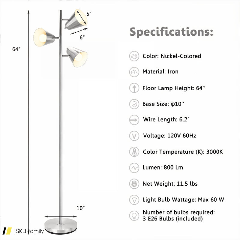 64 Inch 3-Light Led Floor Lamp Reading Light For Living Room Bedroom 240615-230920