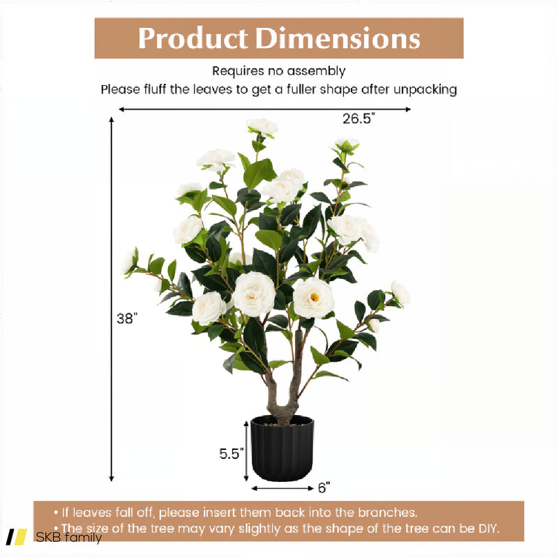 38 Inch Artificial Camellia Tree Faux Flower Plant In Cement Pot 240615-230921