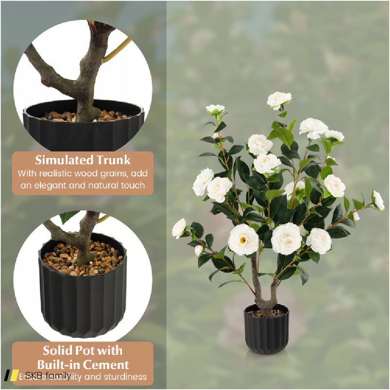 38 Inch Artificial Camellia Tree Faux Flower Plant In Cement Pot 240615-230921