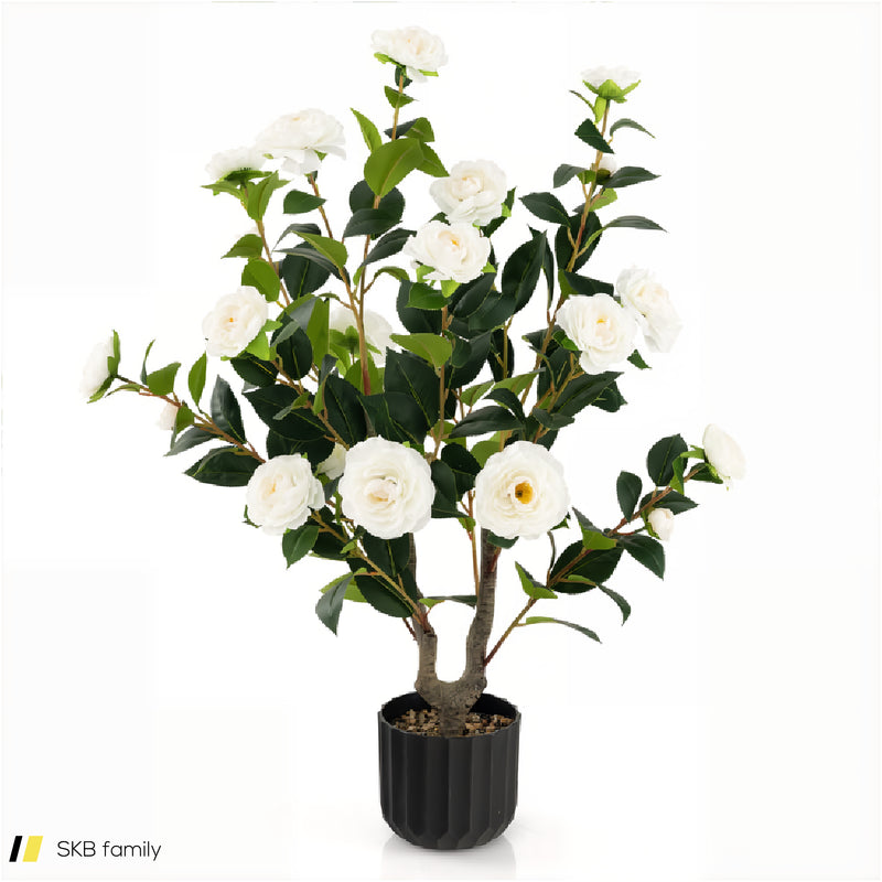 38 Inch Artificial Camellia Tree Faux Flower Plant In Cement Pot 240615-230921