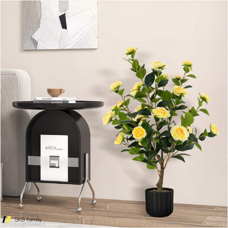 38 Inch Artificial Camellia Tree Faux Flower Plant In Cement Pot 240615-230921