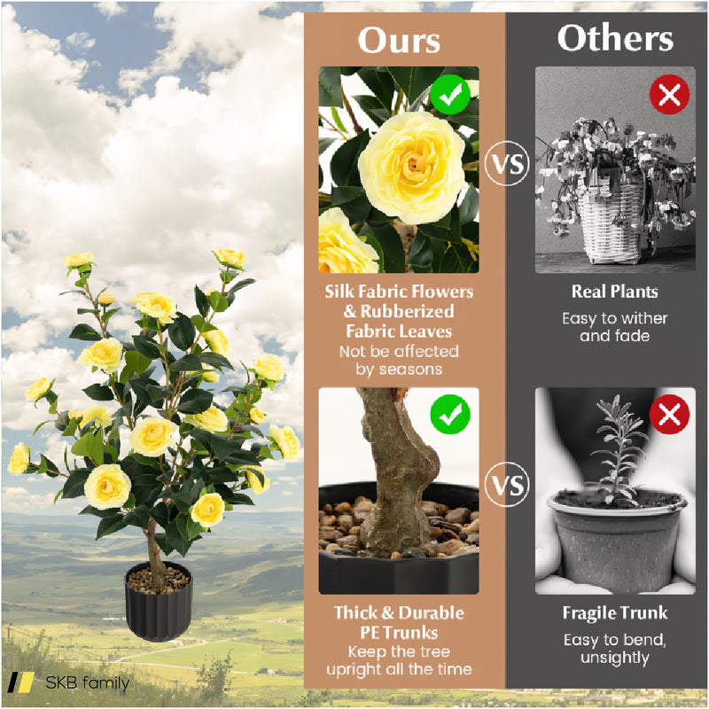 38 Inch Artificial Camellia Tree Faux Flower Plant In Cement Pot 240615-230921