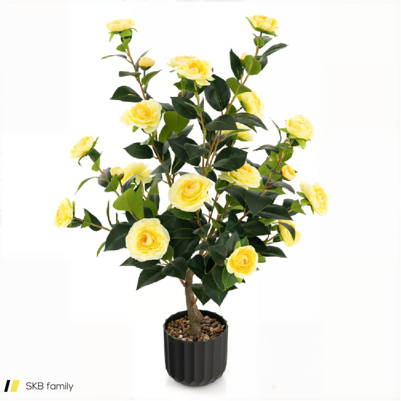 38 Inch Artificial Camellia Tree Faux Flower Plant In Cement Pot 240615-230921