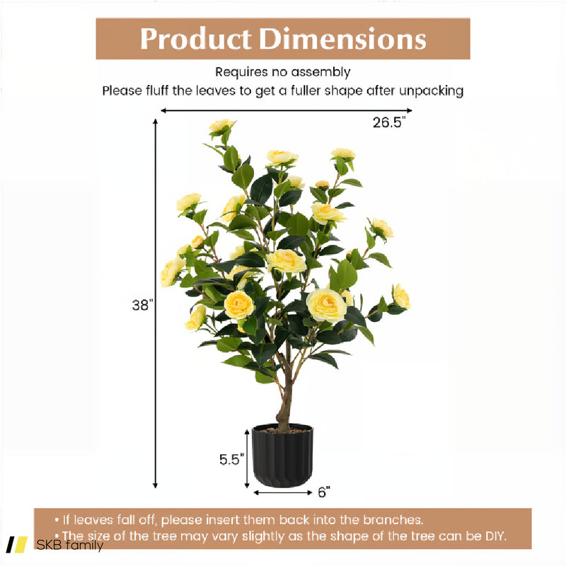 38 Inch Artificial Camellia Tree Faux Flower Plant In Cement Pot 240615-230921