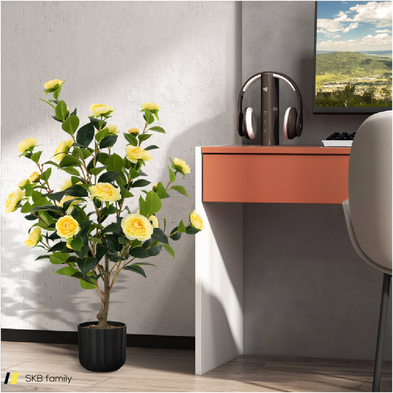 38 Inch Artificial Camellia Tree Faux Flower Plant In Cement Pot 240615-230921