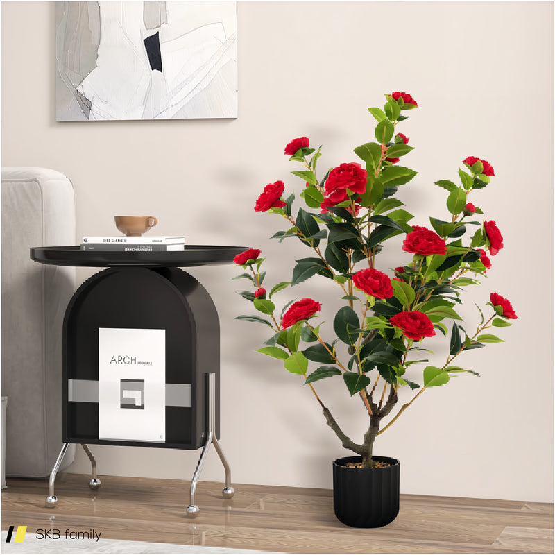 38 Inch Artificial Camellia Tree Faux Flower Plant In Cement Pot 240615-230921