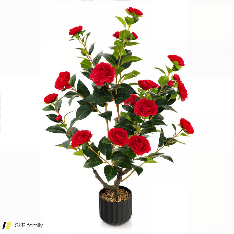 38 Inch Artificial Camellia Tree Faux Flower Plant In Cement Pot 240615-230921