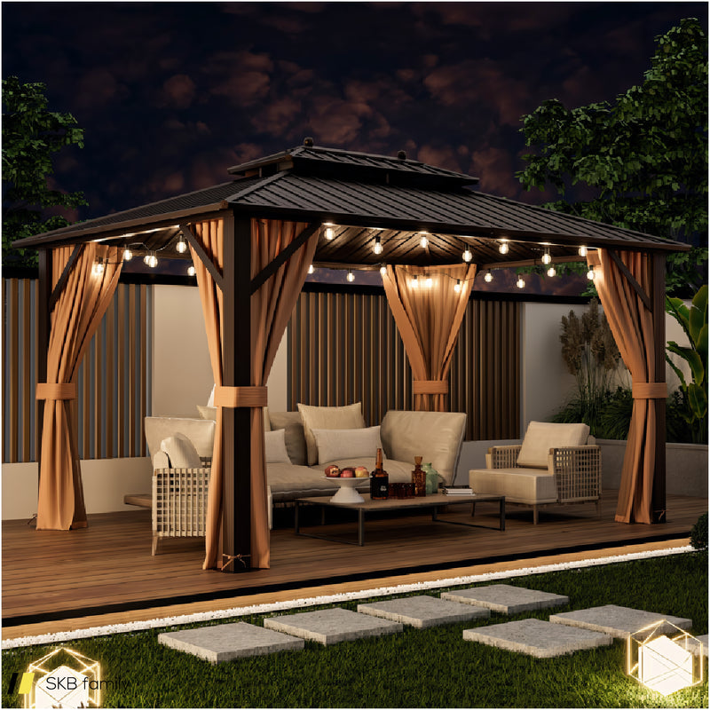 10 X 13 Feet Patio Hardtop Gazebo With Galvanized Steel Double Roof And Netting 240615-230938