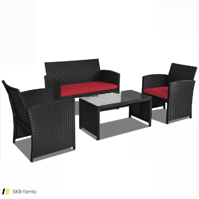 4 Pieces Rattan Patio Furniture Set With Weather Resistant Cushions And Tempered Glass Tabletop 240615-230939