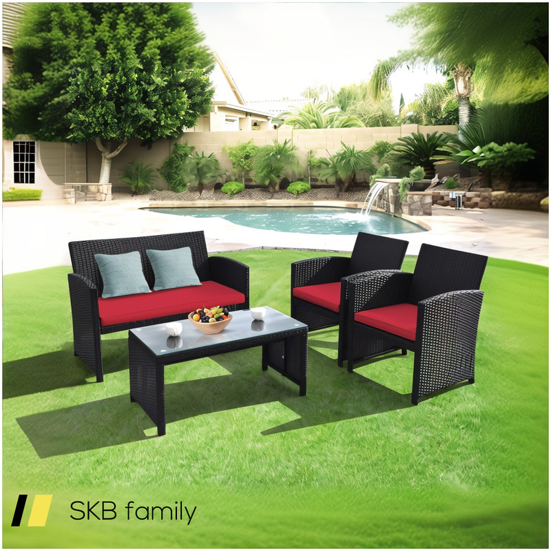 4 Pieces Rattan Patio Furniture Set With Weather Resistant Cushions And Tempered Glass Tabletop 240615-230939