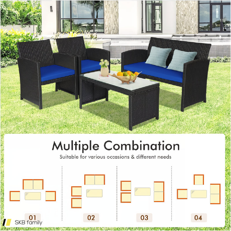 4 Pieces Rattan Patio Furniture Set With Weather Resistant Cushions And Tempered Glass Tabletop 240615-230939