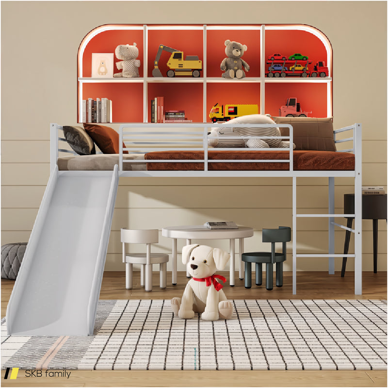 Twin Metal Loft Bed With Slide Safety Guardrails And Built-In Ladder 240615-230951