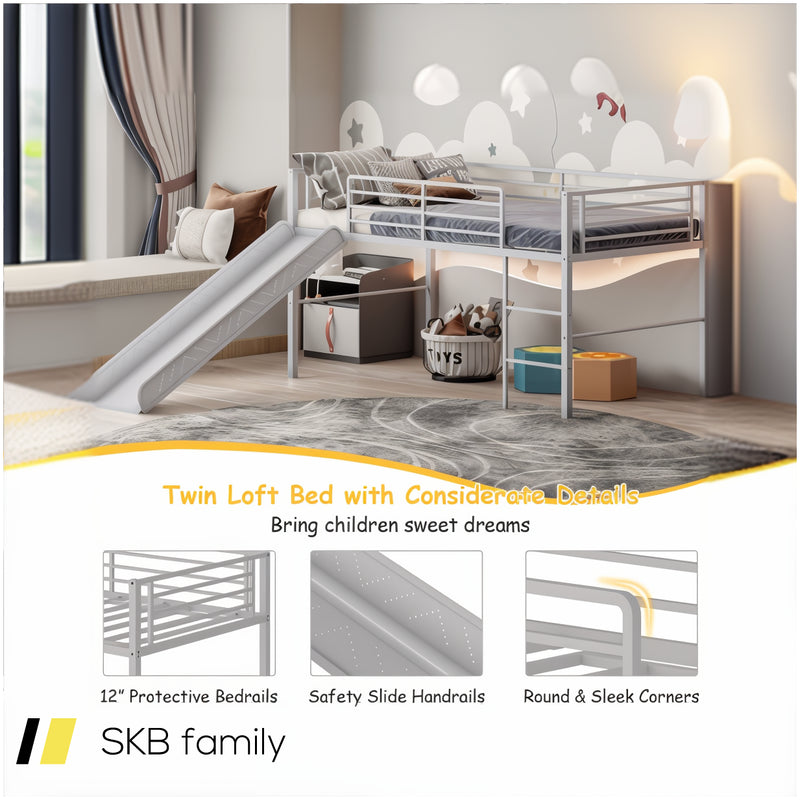 Twin Metal Loft Bed With Slide Safety Guardrails And Built-In Ladder 240615-230951