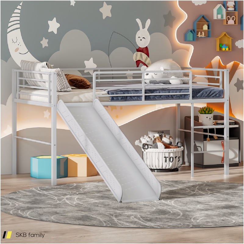 Twin Metal Loft Bed With Slide Safety Guardrails And Built-In Ladder 240615-230951