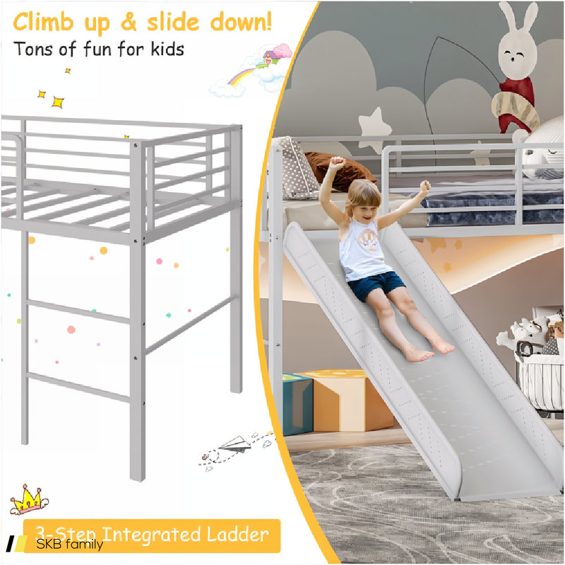 Twin Metal Loft Bed With Slide Safety Guardrails And Built-In Ladder 240615-230951