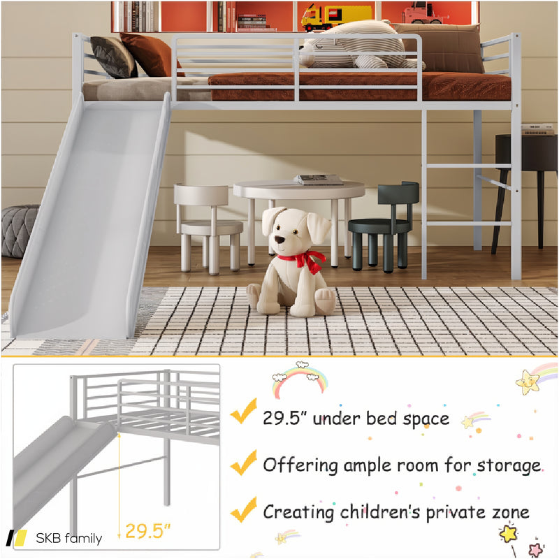 Twin Metal Loft Bed With Slide Safety Guardrails And Built-In Ladder 240615-230951