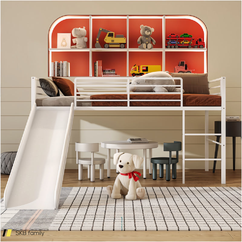 Twin Metal Loft Bed With Slide Safety Guardrails And Built-In Ladder 240615-230951